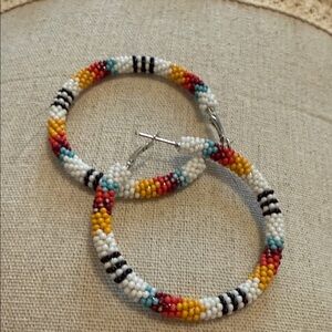 White Beaded Hoop Earrings 2 1/4” wide